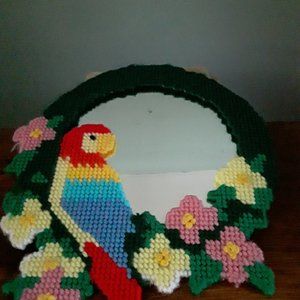Embroidered Mirror - Parrot and Flower Design